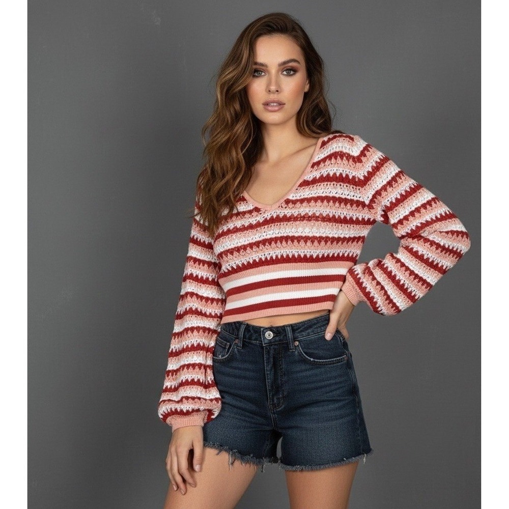 Altar'd State Womens V-Neck Crop Sweater Large Striped Knit Crochet Peach Red